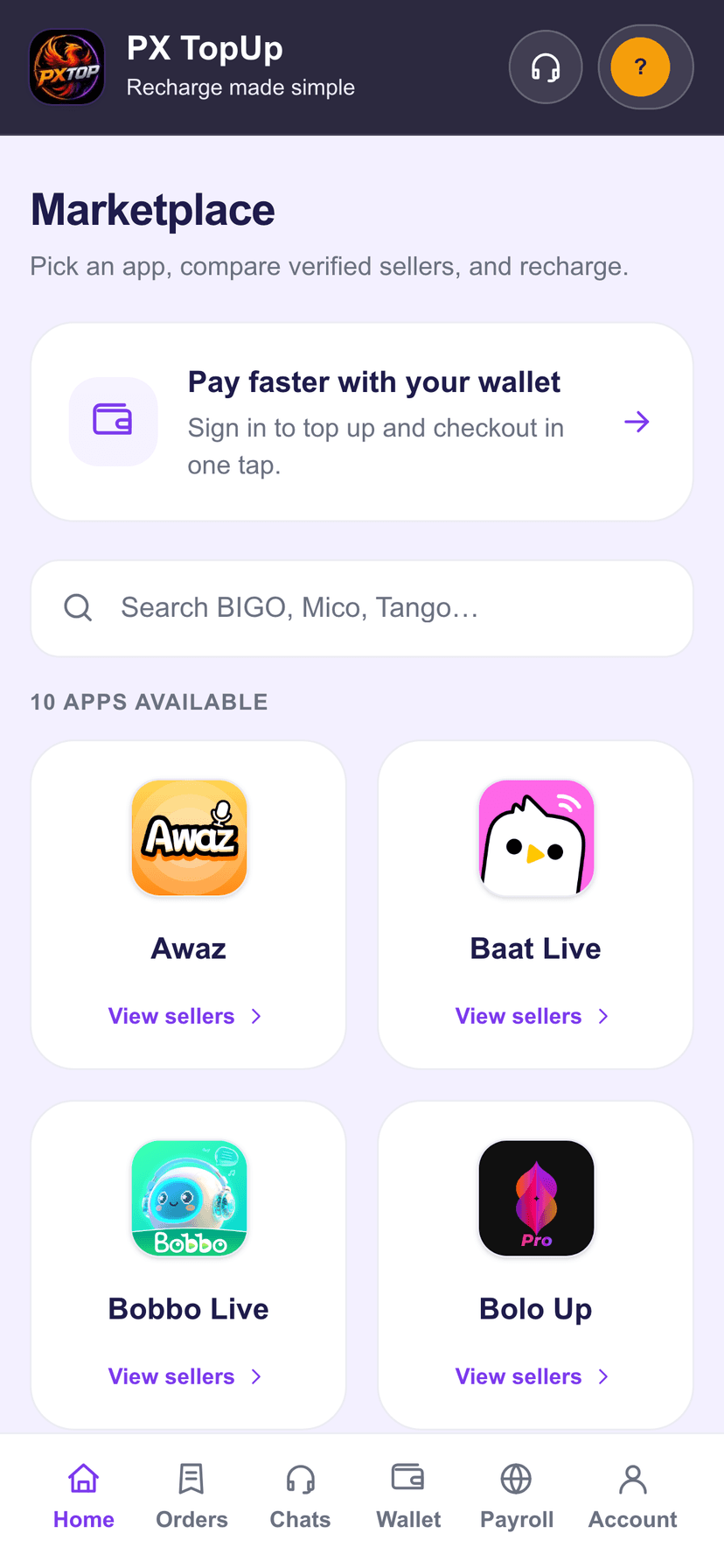 PX TopUp marketplace — browse apps and top up